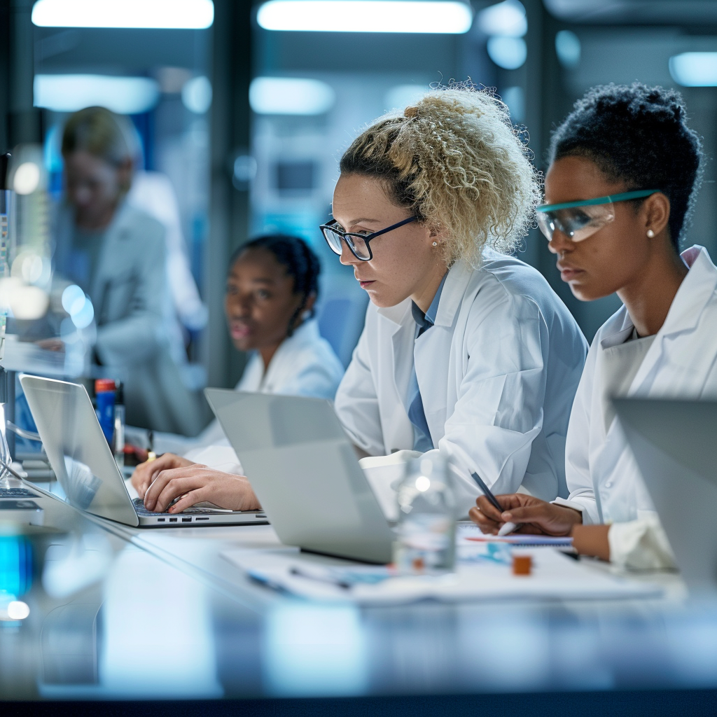 Researchers collaborating in a modern workspace